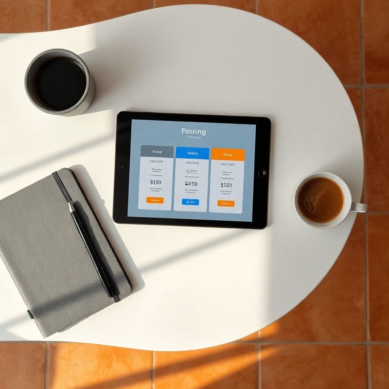 Vista cenital de un escritorio con tablet mostrando planes de precios